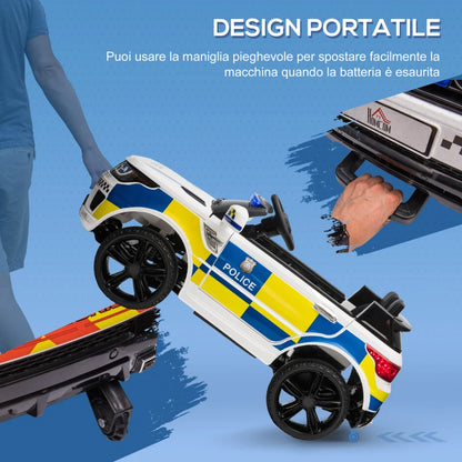 HOMCOM Macchina Elettrica per Bambini della Polizia, Batteria 12V e Telecomando, Sirena Luci Attacco USB per Musica, 110x68x52cm, Bianco