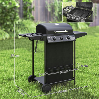 Outsunny Barbecue a Gas con 4 Bruciatori Indipendenti e Coperchio con Termometro, 108x54x97 cm, Nero