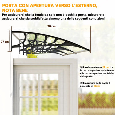 Outsunny Tettoia in Policarbonato e Alluminio per Balconi, Finestre e Porte, 303x96x27 cm, Nero e Trasparente