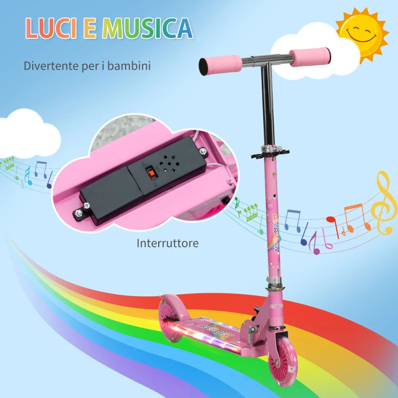 HOMCOM Monopattino per Bambini 3-7 Anni Pieghevole a 2 Ruote e Altezza Regolabile, 67x30x63/68/73/76 cm, Rosa