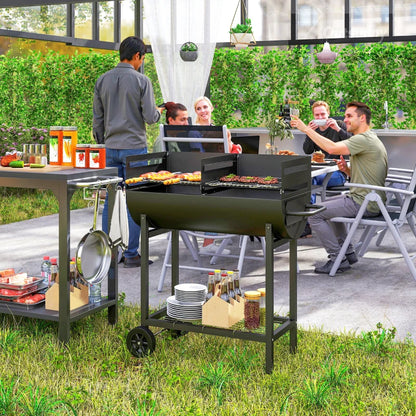 Outsunny Barbecue in Acciaio con 2 Griglie Indipendenti, 2 Ruote e Ripiano Inferiore | Nero | 90cm x 45cm x 96cm
