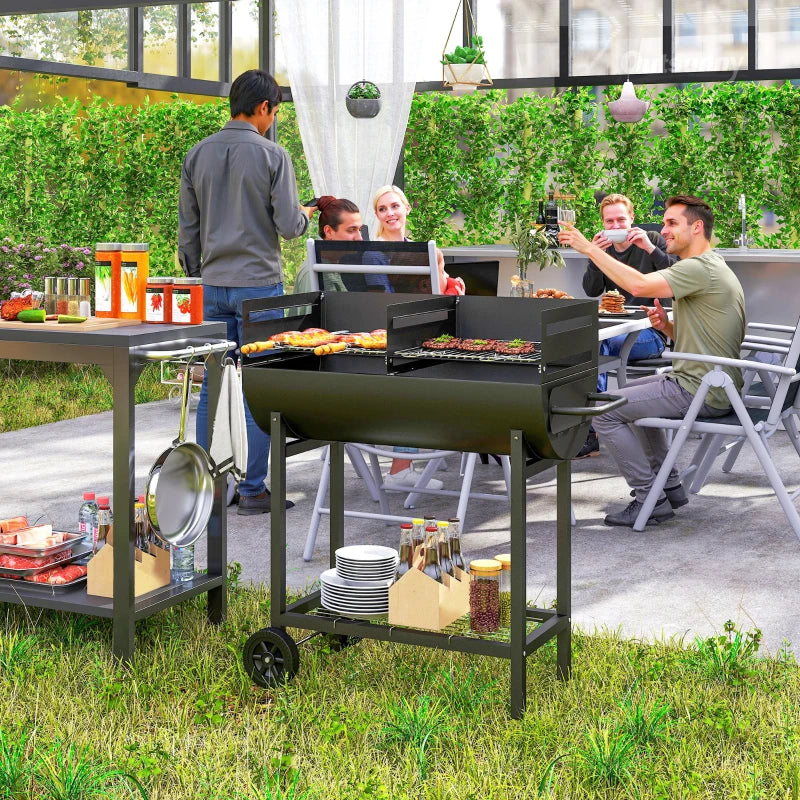Outsunny Barbecue in Acciaio con 2 Griglie Indipendenti, 2 Ruote e Ripiano Inferiore | Nero | 90cm x 45cm x 96cm