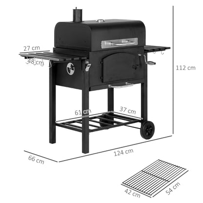 Outsunny Barbecue da Giardino a 2 Ruote con Griglia, Affumicatore e Fornello, in Metallo e Ghisa, 124x66x112 cm, Nero