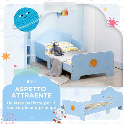ZONEKIZ Letto per Bambini con Sponde e Fantasia Spaziale, Età 3-6 Anni, 143x74x59cm, Azzurro