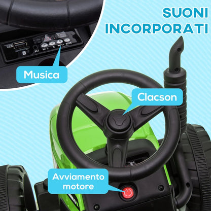 HOMCOM Trattore Elettrico per Bambini 3-6 Anni con Rimorchio Rimovibile, Batteria 12V e Telecomando, Verde