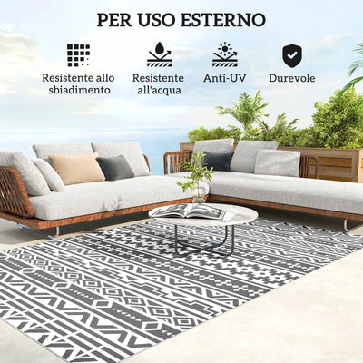 Outsunny Tappeto da Esterno Reversibile con Motivo Geometrico e Borsa Inclusa, 182x274 cm, Grigio e Bianco