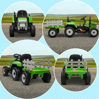HOMCOM Trattore Elettrico per Bambini 3-6 Anni con Rimorchio Rimovibile, Batteria 12V e Telecomando, Verde