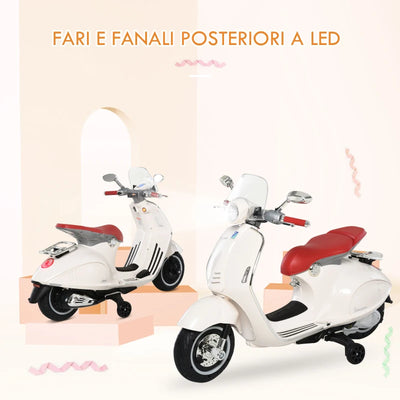 HOMCOM Moto Elettrica per Bambini con Licenza Ufficiale Vespa, 2 Rotelle, Luci e Suoni, 108x49x75 cm, Bianca