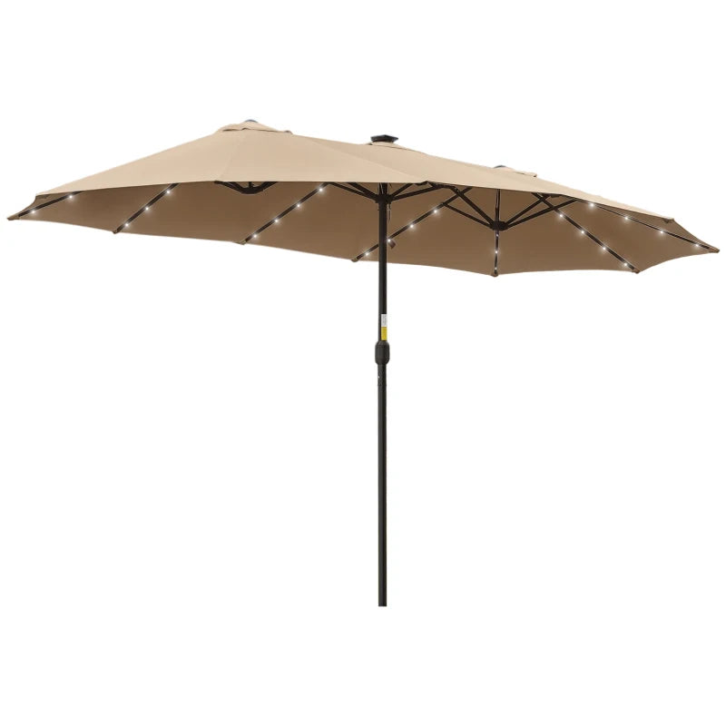 Outsunny Ombrellone da Giardino Doppio 4.5m con 48 Luci LED e Manovella, Cachi