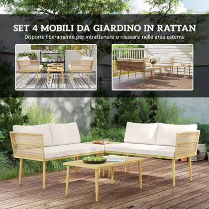 Outsunny Set Salotto da Esterno in Rattan PE con 2 Divani a 2 Posti con Cuscini e 2 Tavoli da Caffè, Colore Legno