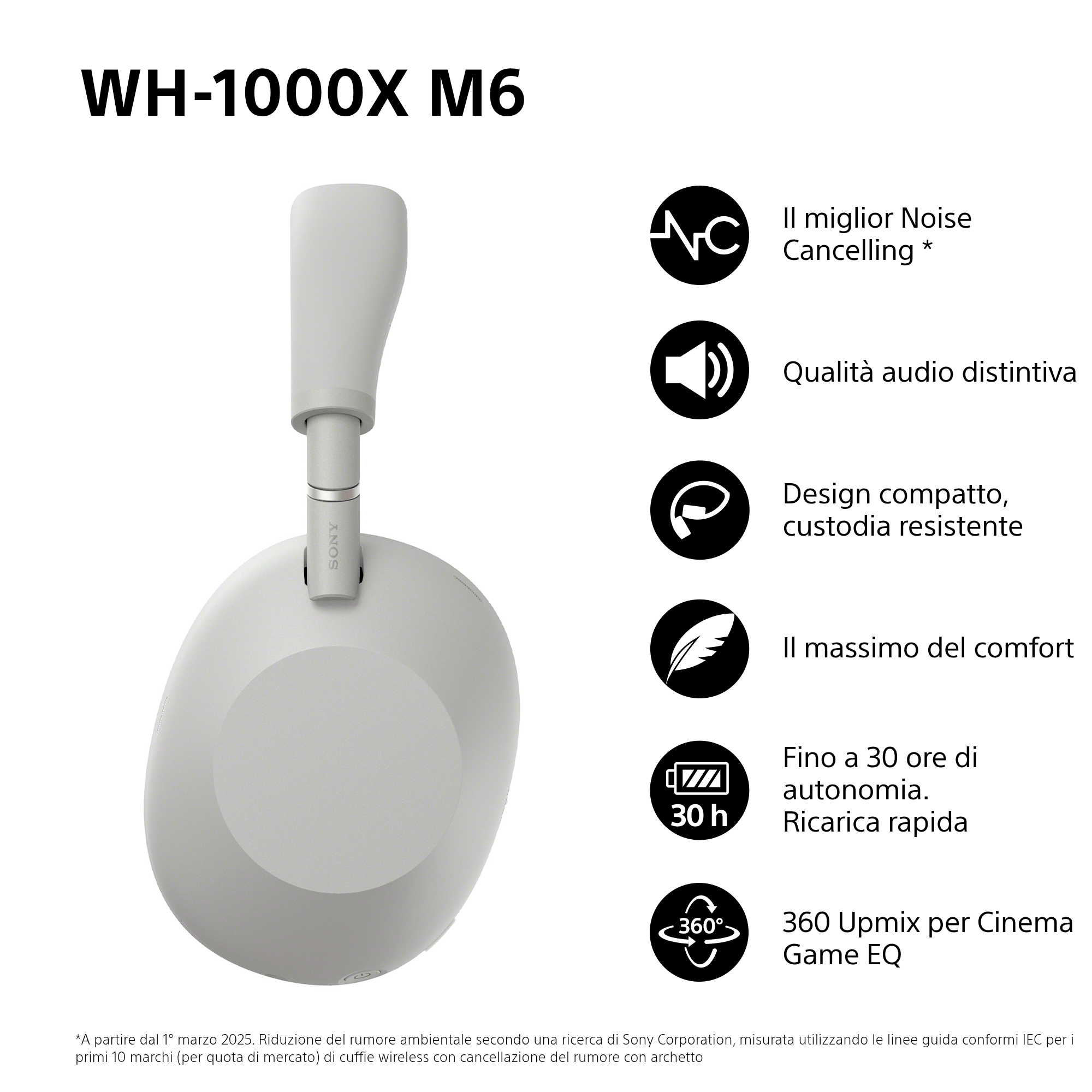 Sony Cuffie Wir/BT NoiseC WH-1000XM6, Platinum Silver