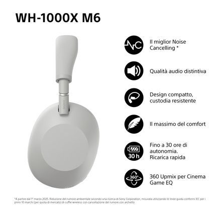 Sony Cuffie Wir/BT NoiseC WH-1000XM6, Platinum Silver