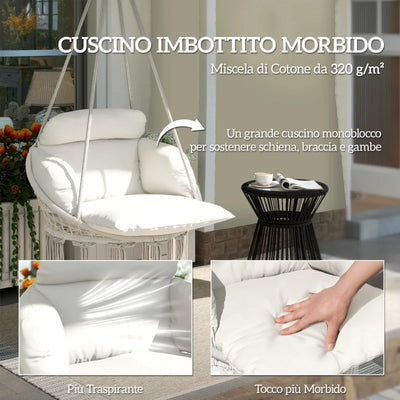 Outsunny Poltrona Sospesa in Stile Boho con Cuscino, in Acciaio, Cotone e Poliestere, 80x60x40 cm, Bianco Crema