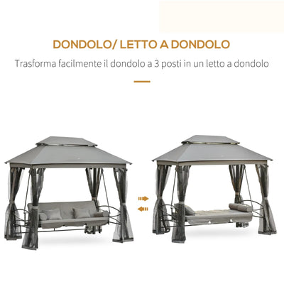 Outsunny Dondolo da Giardino 3 Posti Lettino e Gazebo Design 3 in 1 con Tettuccio, 256x172x248 cm, Grigio Scuro