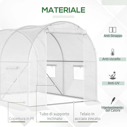 Outsunny Serra a Tunnel con 4 Finestrelle e Ingresso a Zip in Acciaio Zincato e PE, 3x2x1.9 m, Bianco