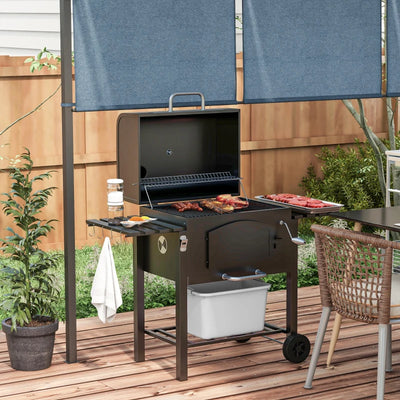 Outsunny Barbecue da Giardino a 2 Ruote con Griglia, Affumicatore e Fornello, in Metallo e Ghisa, 124x66x112 cm, Nero