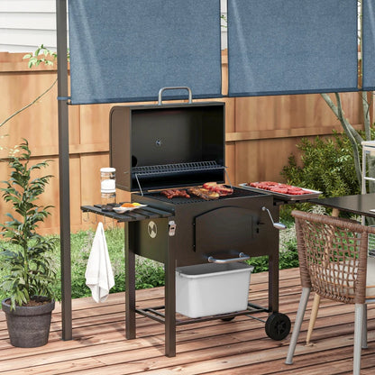 Outsunny Barbecue da Giardino a 2 Ruote con Griglia, Affumicatore e Fornello, in Metallo e Ghisa, 124x66x112 cm, Nero
