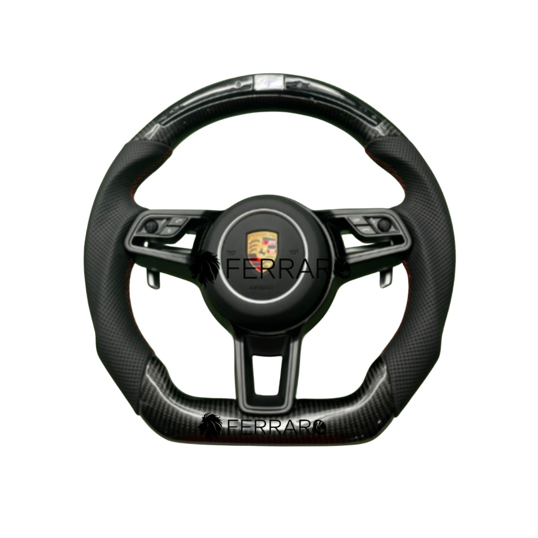 Volante per Porsche, Carbonio Diagonale, Paletta Corta, Perforata, LED , Pelle Nera, Filo Nero