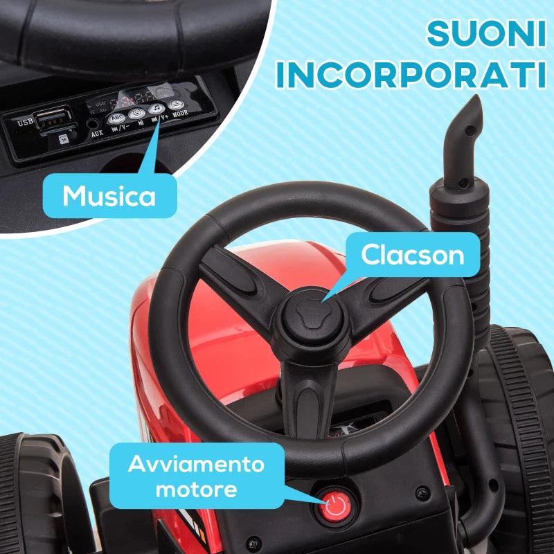 HOMCOM Trattore Elettrico per Bambini 3-6 Anni con Rimorchio Rimovibile, Batteria 12V e Telecomando, Rosso