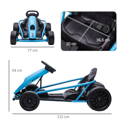 HOMCOM Go-Kart Elettrico per Bambini 8-12 Anni con Schienale Alto e Cintura di Sicurezza, 115x77x54 cm, Blu e Nero