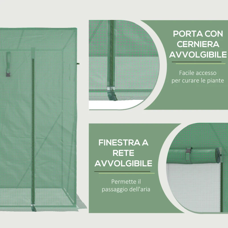 Outsunny Serra da Giardino in PE e Acciaio con 4 Picchetti, 2 Finestre e Copertura Rinforzata, 200x77x148-169cm