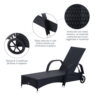Outsunny Set da Giardino con 2 Sedie a Sdraio con Schienale Reclinabile e Tavolino Basso in Rattan PE, Nero