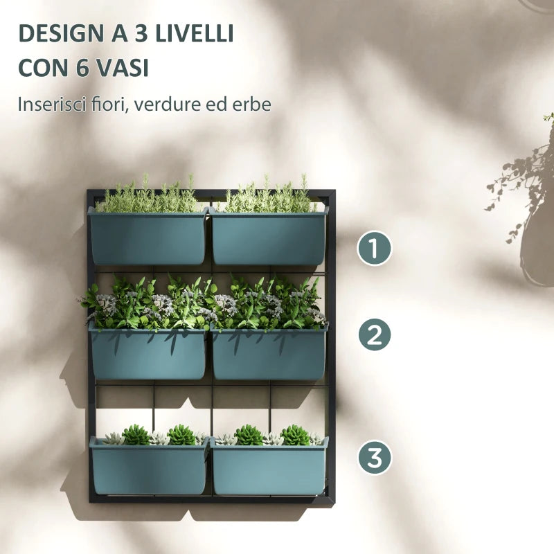 Outsunny Orto Verticale a 3 Livelli con 6 Vasi in Acciaio e Plastica, 52x14x66cm, Verde Scuro