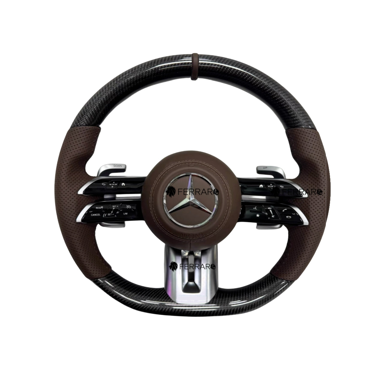 Volante per Mercedes, Carbonio Nero, Logo Argento, Punzonata Marrone, Linea Marrone, AMG