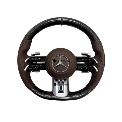 (PRENOTA) Volante per Mercedes, Carbonio Nero, Logo Argento, Punzonata Marrone, Linea Marrone, AMG