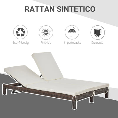 Outsunny Lettino Prendisole a 2 Posti, Sdraio in Acciaio e Rattan, Schienale Regolabile, 196 x 120 x 28cm Marrone e Bianco Crema