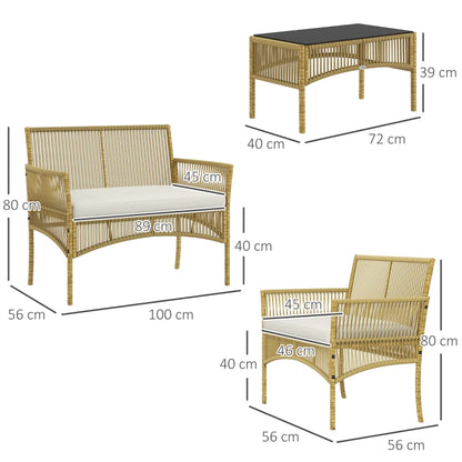 Outsunny Set da Giardino in Rattan da 4 Pezzi con 2 Poltroncine, Divano e Tavolino da Caffè, Naturale e Nero