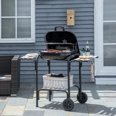 Outsunny Barbecue a Carbone con Coperchio, Ripiani e Ruote, Completo di Spatola, Pinza e Coltello, Nero