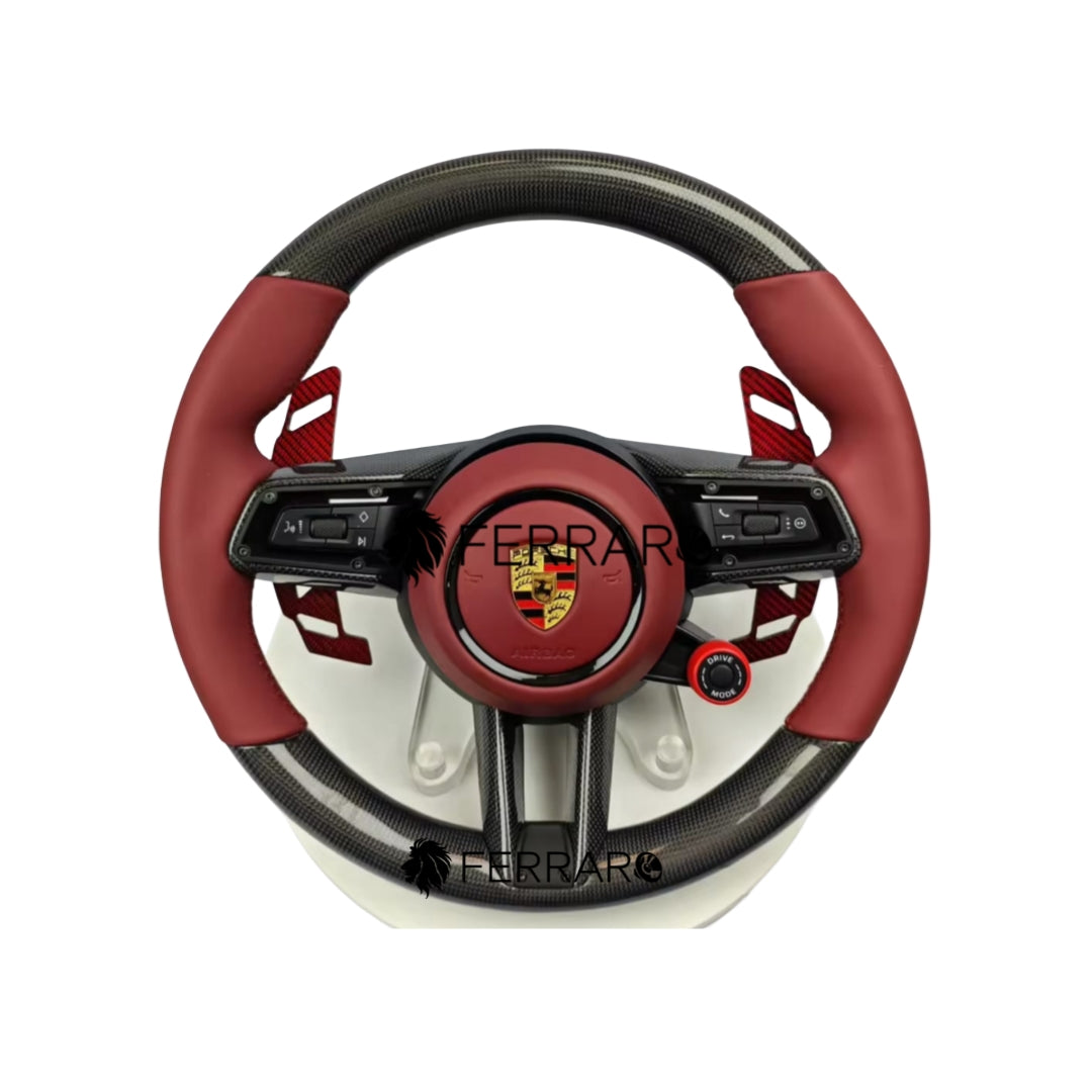 Volante per Porsche, Carbonio Inclinato, Rosso, 5 Pulsanti, Palette