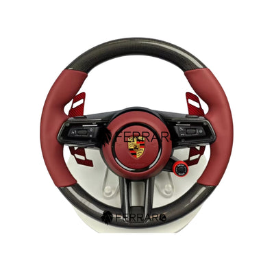 (PRENOTA) Volante per Porsche, Carbonio Inclinato, Rosso, 5 Pulsanti, Palette