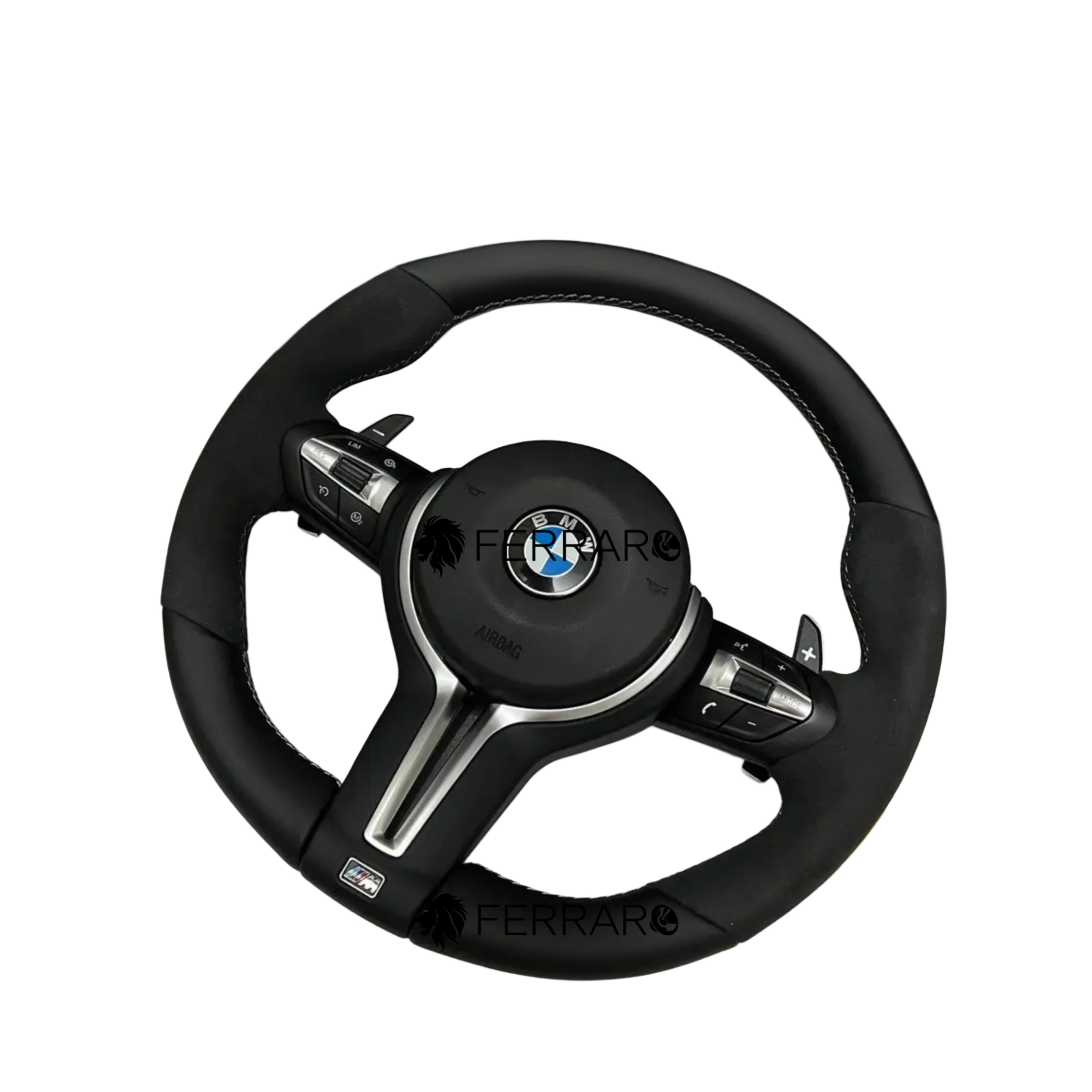 Volante per BMW, Pelle Nera, Filo Tricolore, Etichetta Rossa, Sport