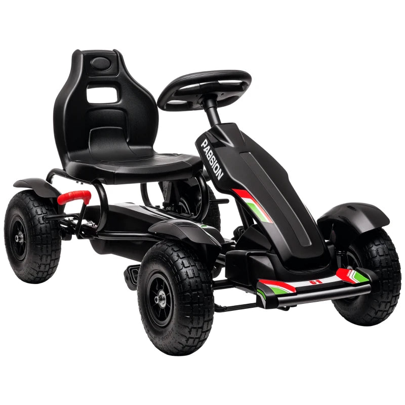 HOMCOM Go Kart a Pedali per Bambini 5-12 Anni in PP e Metallo Nero con Sedile Regolabile e Freno a Mano, 121x58x61 cm