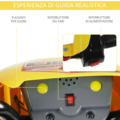 HOMCOM Moto Elettrica per Bambini 3 anni e Più, Moto Cross Elettrica con Rotelle, Batteria 6V Velocità 2.5km/h, 102 x 53 x 66cm, Giallo