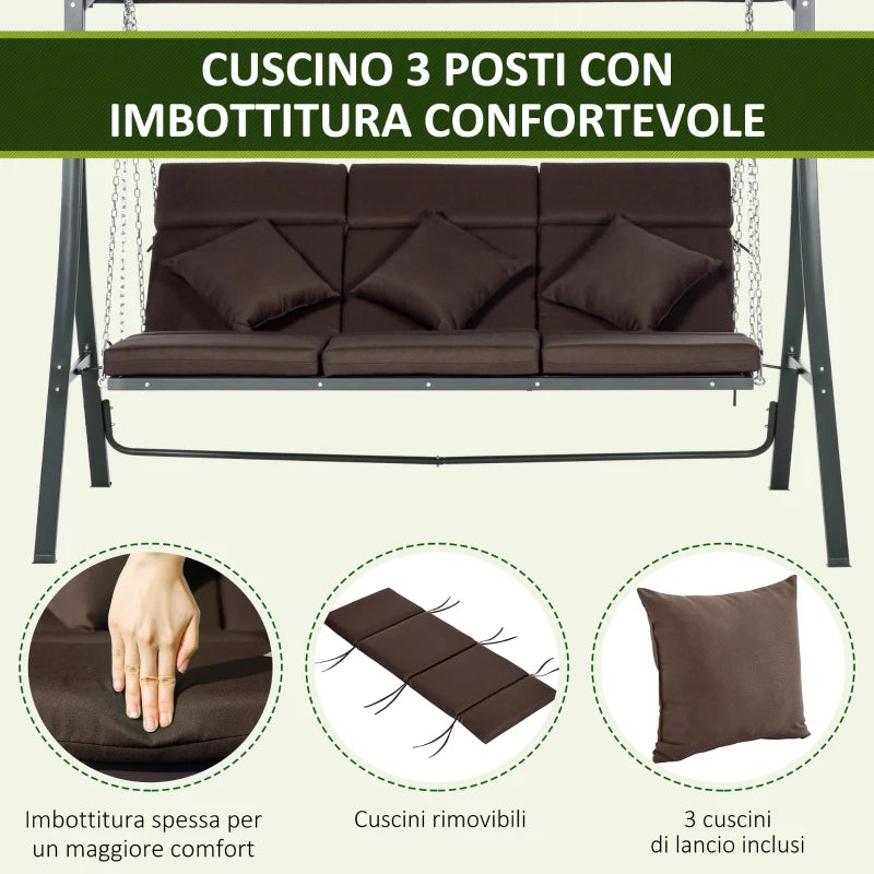 Outsunny Dondolo da Giardino 3 Posti con Cuscini, Seduta Chaise Longue e Tettuccio, 198x118x168 cm, Marrone