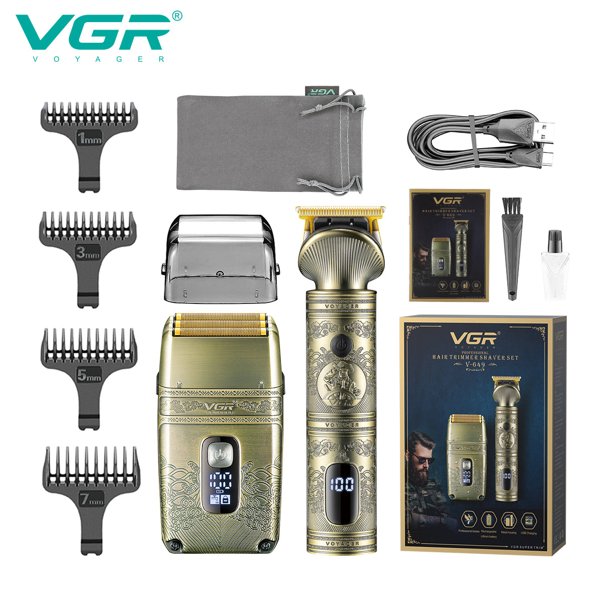 VGR Kit 2-1 Combo, Trimmer, Shaver, Accessori V-649