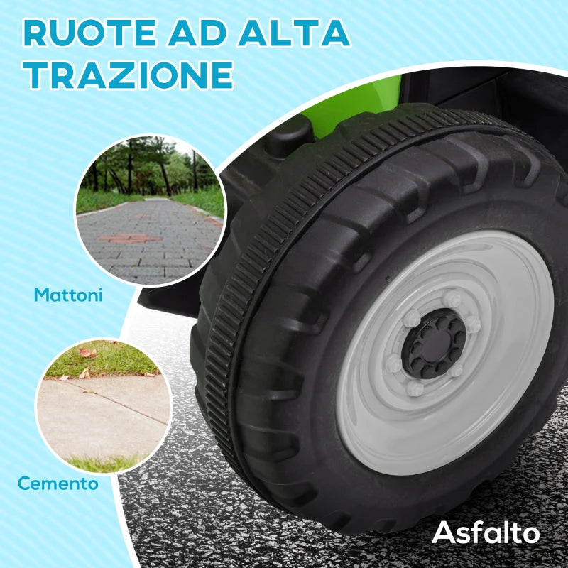 HOMCOM Trattore Elettrico per Bambini 3-6 Anni con Rimorchio Rimovibile, Batteria 12V e Telecomando, Verde