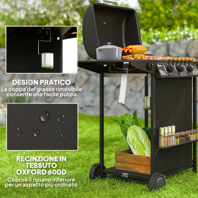Outsunny Barbecue a Gas con 4 Bruciatori Indipendenti e Coperchio con Termometro, 108x54x97 cm, Nero