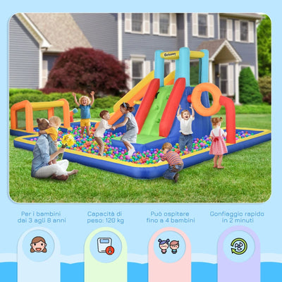 Outsunny Castello Gonfiabile per Bambini 3-8 Anni con Scivolo, Parete, Porta e Canestro, in Tessuto Oxford, 590x460x220 cm