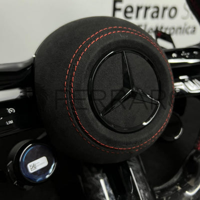 Volante per Mercedes, Carbonio Diagonale, Pelle Scamosciata, Galvanica, Linea Rossa, Pomelli AMG