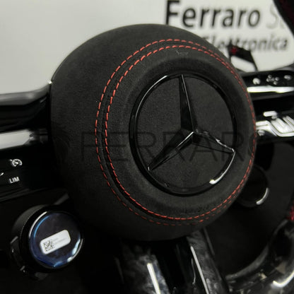 Volante per Mercedes, Carbonio Diagonale, Pelle Scamosciata, Galvanica, Linea Rossa, Pomelli AMG