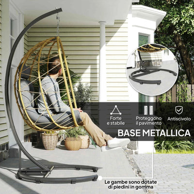 Outsunny Poltrona Sospesa e Pieghevole con Cuscini, in Acciaio e Rattan PE, 102x102x195 cm, Nera Grigia e Beige