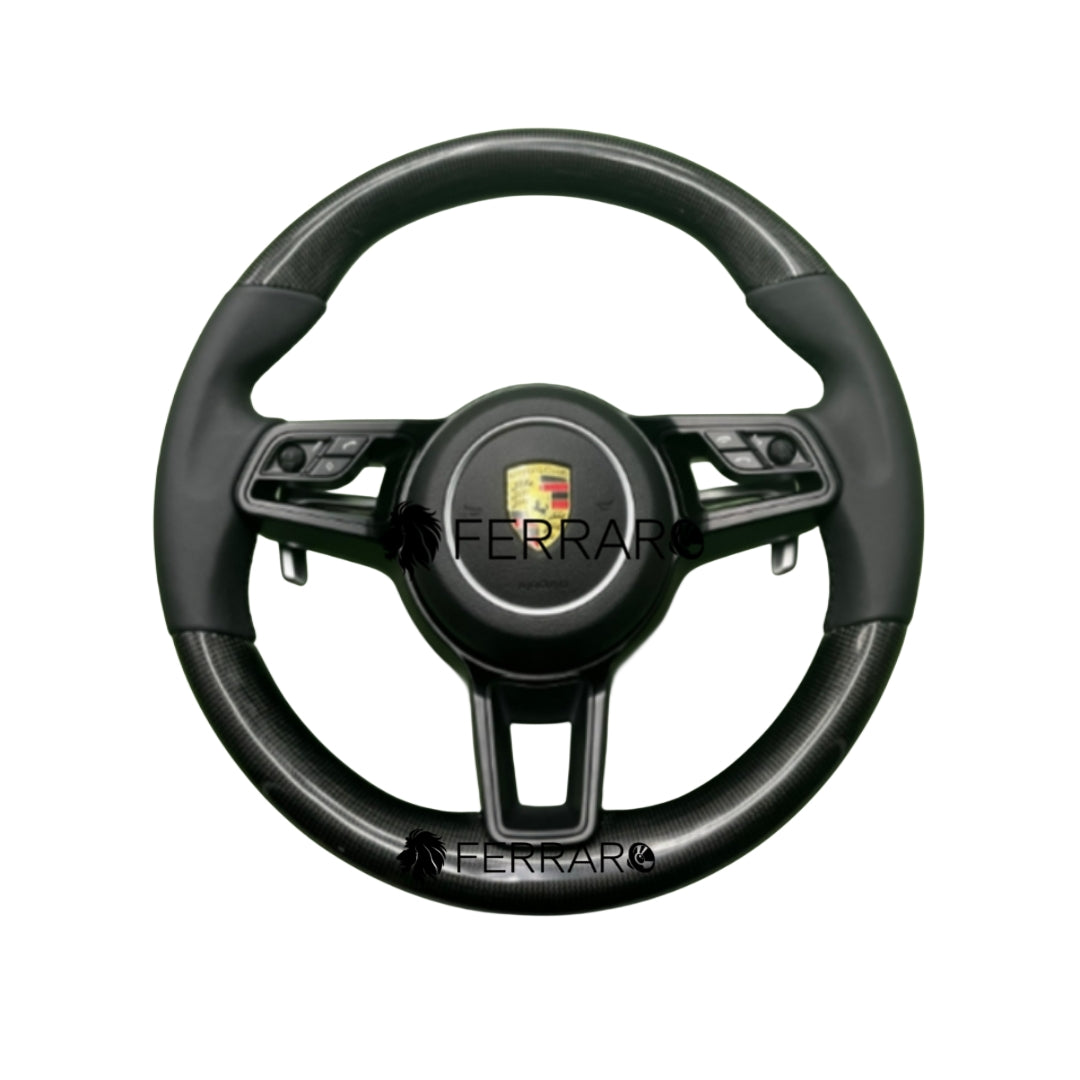 Volante per Porsche, Carbonio Diagonale, Paletta Corta, Senza Etichetta, Pelle Nera, Filo Nero