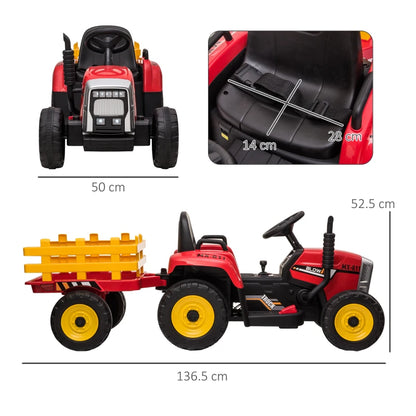 HOMCOM Trattore Elettrico per Bambini 3-6 Anni con Rimorchio Rimovibile, Batteria 12V e Telecomando, Rosso
