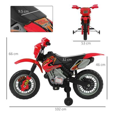 HOMCOM Moto Elettrica per Bambini 3-6 Anni in Plastica PP con Ruote di Supporto, Fari e Musica, 102x53x66 cm, Rosso e Nero