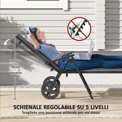 Outsunny Lettino Sdraio Pieghevole e Reclinabile in 5 Posizioni con Rotelle, in Metallo e Textilene, 72x158x84 cm, Grigio