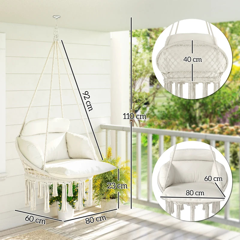 Outsunny Poltrona Sospesa in Stile Boho con Cuscino, in Acciaio, Cotone e Poliestere, 80x60x40 cm, Bianco Crema